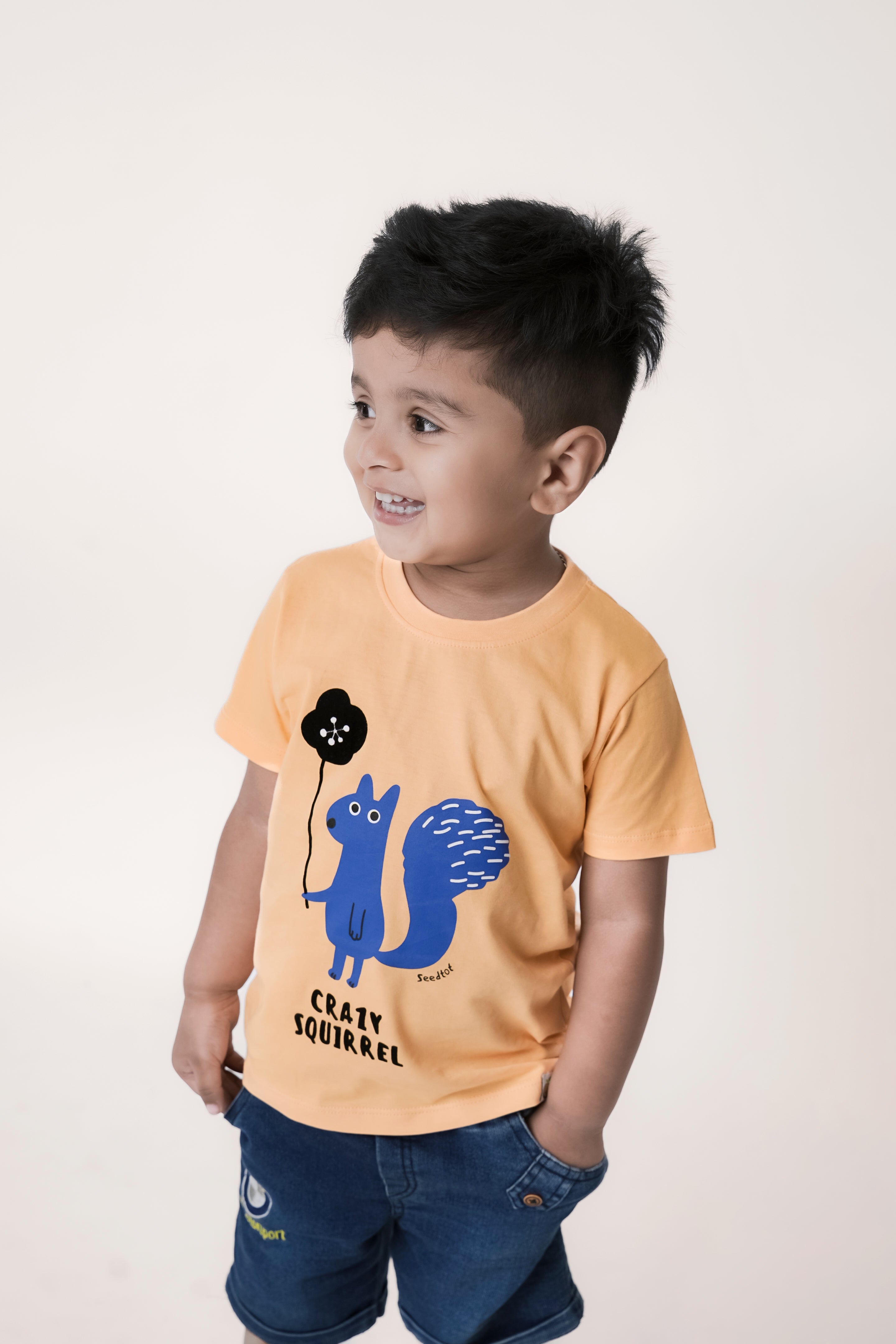 SeedTot - Light orange cartoon t-shirts for kids, printed half sleeve round neck premium cotton tee
